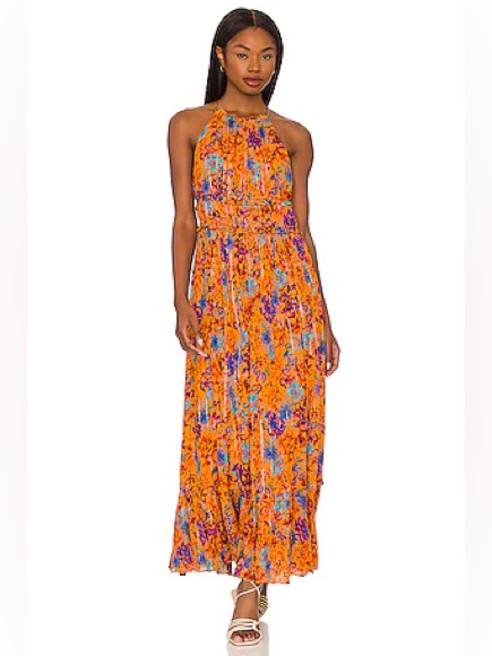 Revolve BCBGMaxAzria Vibrant Goldenrod Floral Halter Metallic thread Maxi Dress